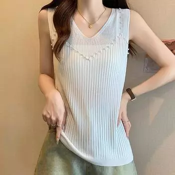 Белые майки женские летние 2025 без рукавов с V-образным вырезом черные узкие трикотажные майки женские топы JJ268 One Size чёрный