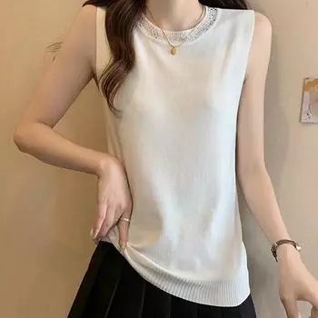 Белые майки женские летние 2025 без рукавов с круглым вырезом черные узкие трикотажные майки женские топы JJ263 One Size. чёрный