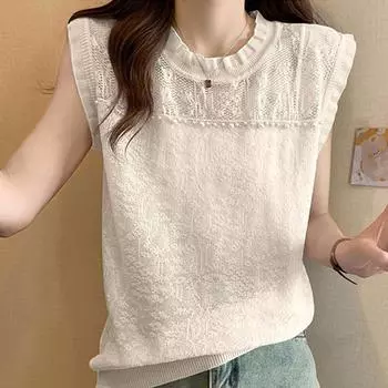 Белые майки женские летние 2025 без рукавов с круглым вырезом черные узкие трикотажные майки женские топы JJ261 One Size чёрный