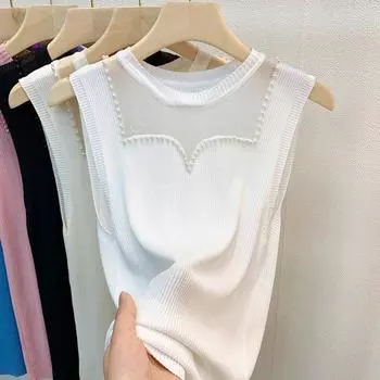 Белые майки женские летние 2025 без рукавов с круглым вырезом черные узкие трикотажные майки женские топы JJ306 One Size белый