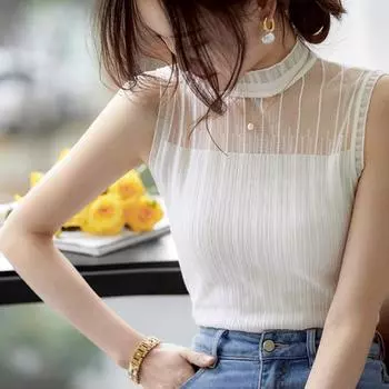 Белые майки женские летние 2025 без рукавов с круглым вырезом черные трикотажные майки женские топы JJ327 One Size белый