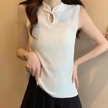 Белые майки женские летние 2025 года без рукавов с воротником-стойкой черные узкие трикотажные майки женские топы JJ250 One Size белый