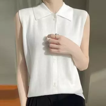 Белые майки женские летние 2025 года без рукавов с отложным воротником черные трикотажные майки женские топы JJ278 One Size. чёрный