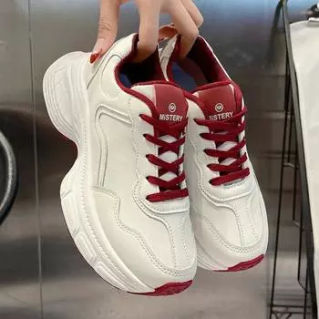 Белые массивные женские кроссовки 2025 года, весна, шнуровка, толстая подошва, вулканизированная обувь, женская дышащая спортивная обувь из искусственной кожи, Zapatos 35 красный