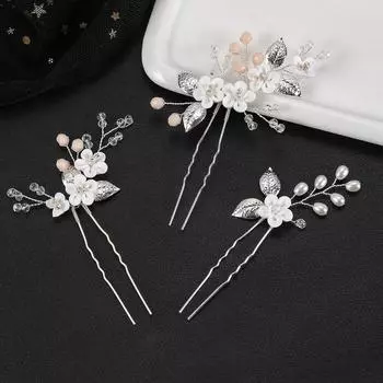 Белые мягкие керамические цветы, металлические листья, группа из 3 U-образных шпилек, игольчатые шпильки, шпильки для волос серебряный