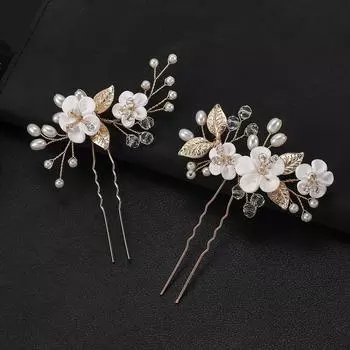 Белые мягкие керамические цветы, металлические листья, 2 набора U-образных шпилек, игольчатые шпильки золотой