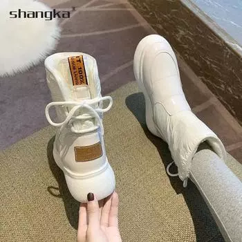 Белые мягкие зимние ботинки женские толстые зимние ботинки для женщин до середины голени теплые водонепроницаемые женские плюшевые ботинки 2024 года из искусственной кожи в готическом стиле 35