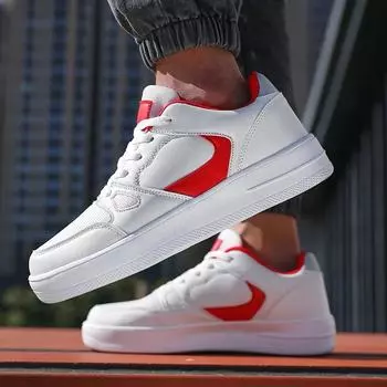 Белые мужские кожаные повседневные туфли для бега на открытом воздухе, спортивная обувь с дышащей сеткой, туфли на плоской подошве для студентов, школьников, для ходьбы, для спорта, противоскользящие 39 красный