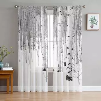 Белые осины в снегу, тюлевые оконные шторы для гостиной, пряжа из органзы, прозрачная вуаль, занавеска для спальни, кухни, домашний декор, драпировка W135 x H115cm x1&Rod Pocket