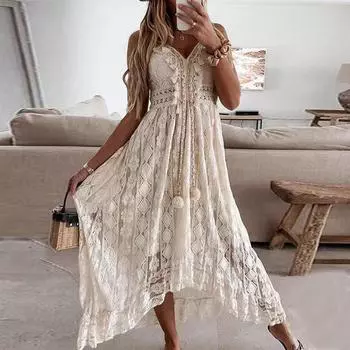 Белые платья без рукавов, женское летнее платье макси, женское праздничное кружевное платье с открытыми плечами и v-образным вырезом на бретельках, сарафан 22194 S белый