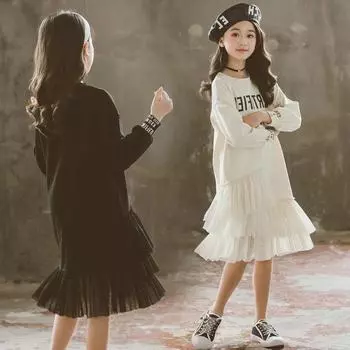 Белые платья для девочек, сетчатая футболка с длинными рукавами, детская одежда