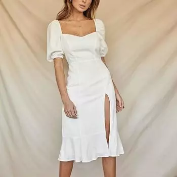 Белые платья с пышными рукавами, женское летнее однотонное платье миди с разрезом по бокам, элегантная женская одежда S белый
