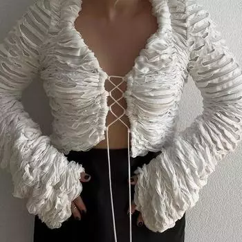 Белые полые сексуальные топы женские осенне-зимние модные плиссированные свободные бандажные кардиганы женские уличные повседневные футболки с длинным рукавом на шнуровке с оборками футболка пальто S белый