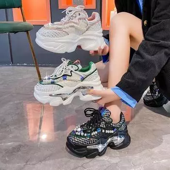 Белые повседневные туфли женские 2024 Весна Новые дикие студенческие туфли Увеличенная платформа Золотые кроссовки Повседневная массивная обувь для женщин 34 зелёный