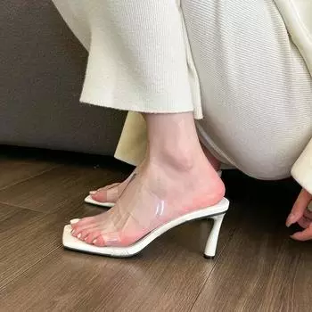 Белые прозрачные квадратные босоножки на высоком каблуке в стиле casual, женские, летние 2025, новые односложные тонкие каблуки, классные тапочки для женщин 35 белый