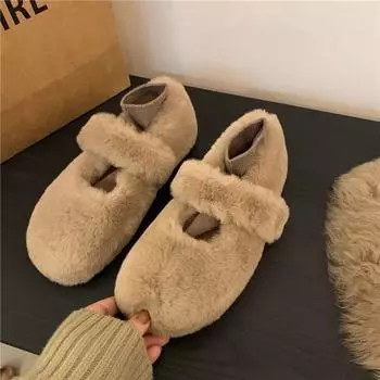 Белые пушистые туфли Мэри Джейн для женской зимней одежды 2024 года, новые зимние бархатные туфли с мягкой подошвой и одной педалью из хлопка Doudou 35 чёрный