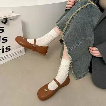 Белые ретро французские туфли Мэри Джейн на плоской подошве женские новинка весны 2025 года универсальные туфли с мягкой подошвой и неглубоким горлом с юбкой одинарные туфли 35 чёрный