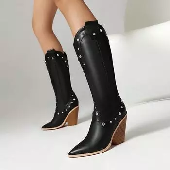 Белые, розовые, черные, модные, со стразами, заклепками, высокие сапоги в стиле вестерн, женские, с острым носком, с пайетками, на танкетке, на высоком каблуке, ковбойские туфли 35