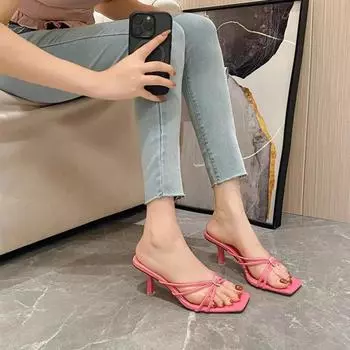 Белые/розовые женские тапочки с открытым носком и квадратным носком на тонком высоком каблуке, узкие перекрещивающиеся босоножки со стразами, пляжная обувь 35