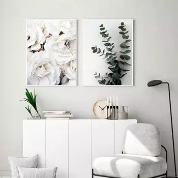 Белые розы Современные эвкалиптовые ветви Постеры и принты Куадрос Картина на холсте Настенные картины для гостиной Украшения дома Без рамки 21*30cm No Frame
