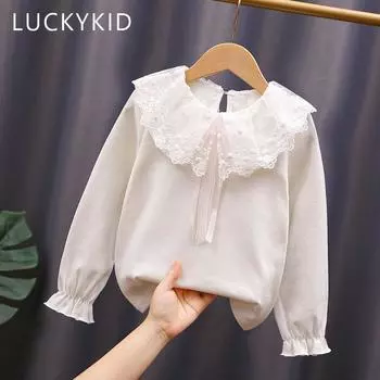Белые рубашки для девочек, блузки с длинными рукавами и рюшами для девочек, весенне-осенние школьные кружевные рубашки для девочек, топы принцессы 100
