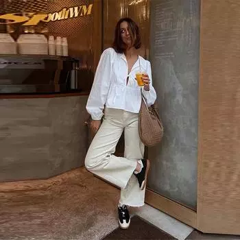 Белые рубашки на шнуровке для женщин, повседневные блузки с длинными рукавами для офиса на весну и лето, базовые простые топы для женщин S белый