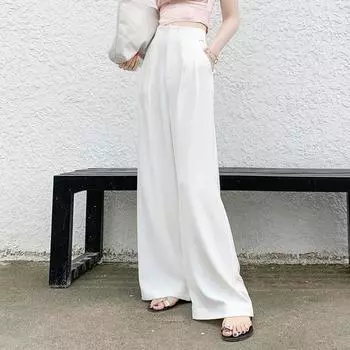 Белые широкие брюки, брюки-швабры, прямые и узкие летние брюки, повседневные брюки-клатчи, свободные брюки. XS чёрный