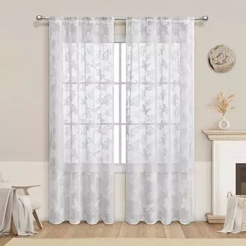 Белые шторы с вышивкой в виде бабочек, кружевная прозрачная ткань для двери, окна, элегантные, нарядные, свадебные шторы с бабочками, карман для двери патио, 2 панели 100X130cm-2pcs