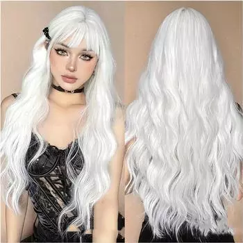 Белые синтетические парики с челкой, длинные волнистые парики для вечеринки, косплея, термостойкие волокна, мягкие искусственные волосы