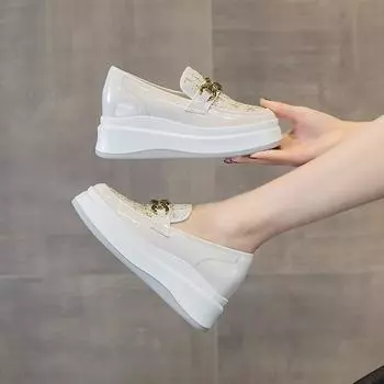 Белые слипоны для женщин - весенне-летние кроссовки на платформе с толстой подошвой, утолщенный и дышащий дизайн 34 чёрный