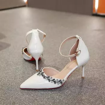 Белые Свадебные Туфли Подружки Невесты Сатиновые Модные Со Стразами Бахрома Цепочка Высокий Каблук Черные Темперамент Элегантность Лодочки 35