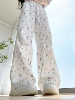 Белые свободные брюки Yamamoto с цветочным принтом, женские летние тонкие прямые повседневные брюки с высокой талией, узкие спортивные брюки с широкими штанинами, уличная одежда S белый