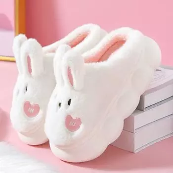 Белые тапочки-кролики для дома Kawaii Shoes Женские пушистые тапочки с кроликом зимние домашние сандалии женские тапочки на платформе новые CN 36-37