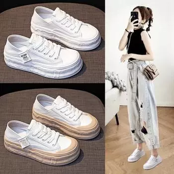 Белые туфли из натуральной кожи. Новые весенние женские туфли типа «бисквит» на толстой подошве. Универсальные повседневные универсальные туфли для досок. Женские одинарные туфли. 35