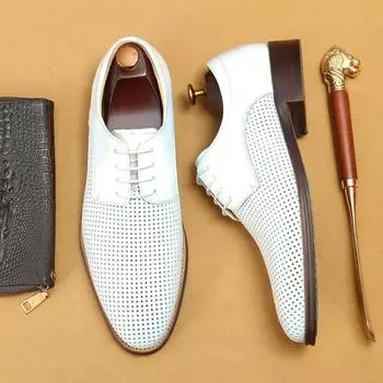 Белые туфли из натуральной кожи с полой мягкой поверхностью, деловые повседневные летние дышащие мужские туфли 39 белый