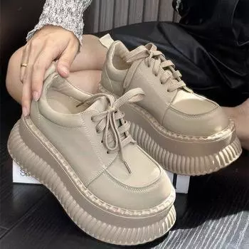 Белые туфли-маффины женские, осень 2024 года, новые большие круглые носы, сверхлегкие, толстые, подошва, увеличивающая рост, повседневная модная обувь 35 чёрный