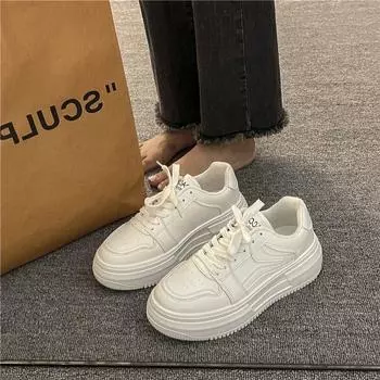 Белые туфли на платформе в гонконгском стиле. Новые женские модные универсальные однотонные туфли в корейском стиле с завязками на подошве. Модные повседневные туфли на платформе. 35