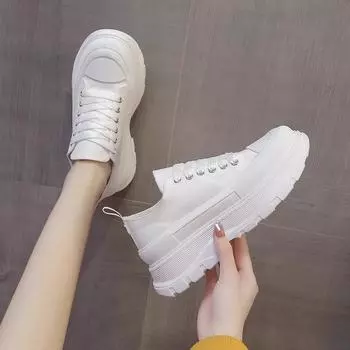 Белые туфли на шнуровке для женщин, кроссовки, весенние дышащие женские вулканизированные туфли с низким берцем, модная женская обувь на толстой подошве 35