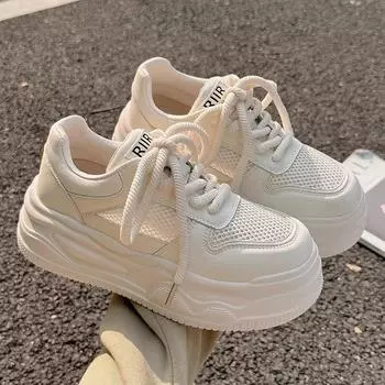 Белые туфли на шнуровке, женские кроссовки, новые дышащие сетчатые кожаные женские туфли, массивные повседневные спортивные туфли для сноуборда, кроссовки для взрослых 35