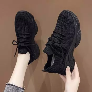 Белые туфли на скрытом каблуке, новые весенние женские повседневные кроссовки с тканой сеткой, дышащая обувь для папы на платформе, летние 35 чёрный