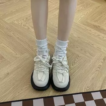 Белые туфли на толстой подошве для папы, женские, ретро, 2025, новые осенние универсальные легкие кроссовки для студентов 35 чёрный