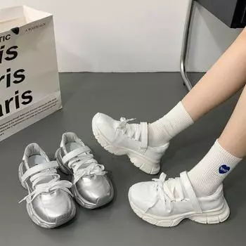 Белые туфли на толстой подошве, увеличивающие рост, женские летние легкие и универсальные спортивные туфли 35 серебряный