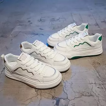 Белые туфли с цветными блоками, круглый носок, шнуровка, толстая подошва, обувь для спорта и отдыха 35 зелёный