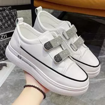 Белые туфли со стразами на липучке, осень и зима, прилив, увеличение универсальности, повседневная обувь для женщин 35 белый