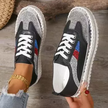 Белые туфли со стразами, женские весенние и осенние одиночные туфли 2025 года, новые цветные универсальные пояса с ромбами на платформе, повседневные, Интернет 35 чёрный