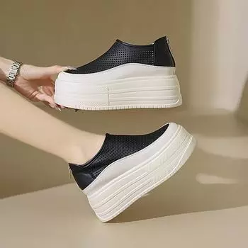 Белые туфли, увеличивающие рост, для ношения на открытом воздухе, 2024, новые дышащие туфли с отверстиями, повседневные женские туфли на мягкой подошве и толстой подошве 34 чёрный