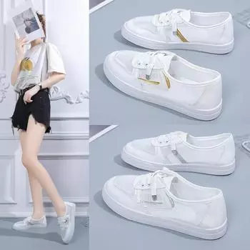 Белые туфли Женская обувь Новые весенне-летние универсальные спортивные сетчатые дышащие спортивные туфли для досок Модная обувь Обувь для ленивых 35 серебряный