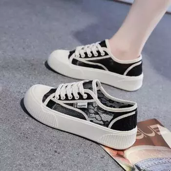 Белые туфли, женские дышащие сетчатые туфли с открытыми отверстиями, летние универсальные новые туфли из парусины на тонкой толстой подошве Ins 35 чёрный