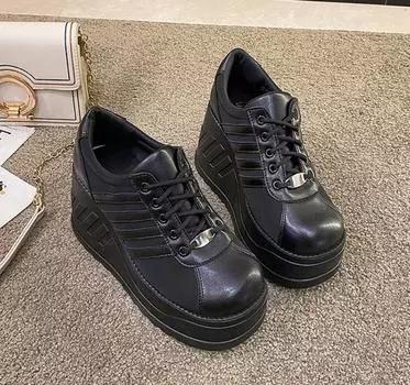 Белые туфли женские на шнуровке из искусственной кожи на танкетке с высоким каблуком, женские дышащие модные кроссовки на толстой платформе, размер 35-41 35 чёрный