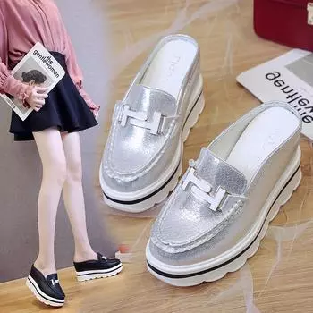 Белые туфли женские полуподдерживающие без каблука ленивые повседневные сандалии с закрытым носком сверхвысокий каблук скошенный каблук толстая подошва увеличение высоты... 35 чёрный